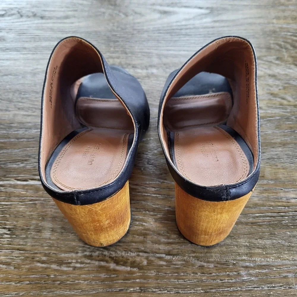 Urban Outfitters Black Leather Peep Toe Mules Chunky Wood Block Heel Sandals 8